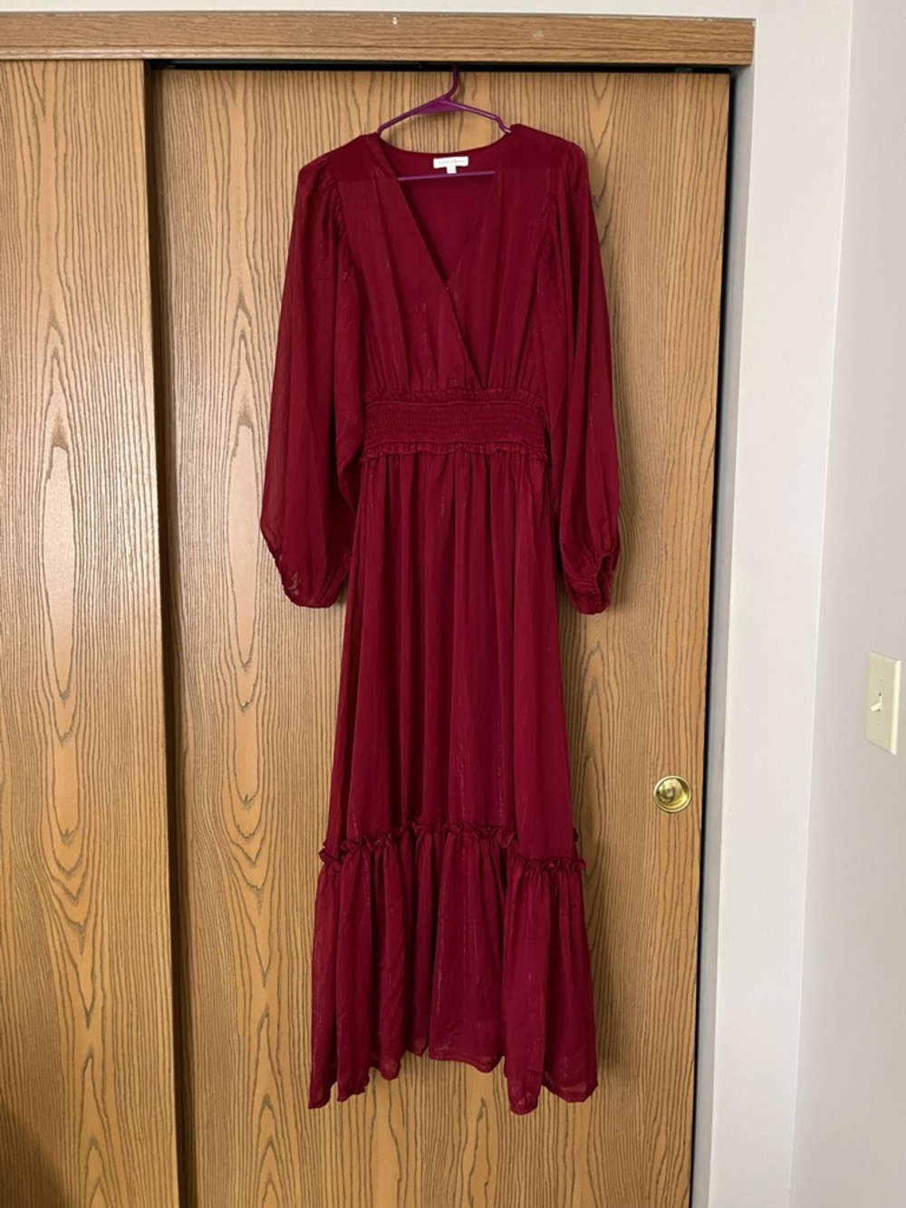 Women’s Flying Tomato Red maxi formal dress sheer shimmer sleeve size small